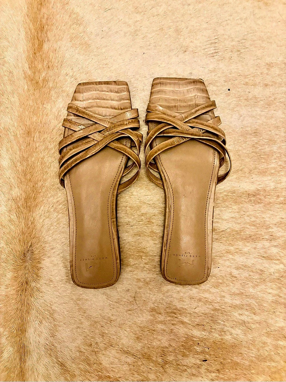 Marc Fisher Croc-Embossed Strappy Slide Sandals Brown